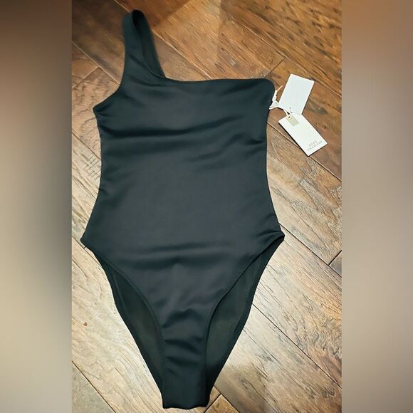GOOD AMERICAN Scuba One Shoulder High Cut Thigh One Piece Swimsuit Blk SZ 1 NWT - Picture 1 of 9